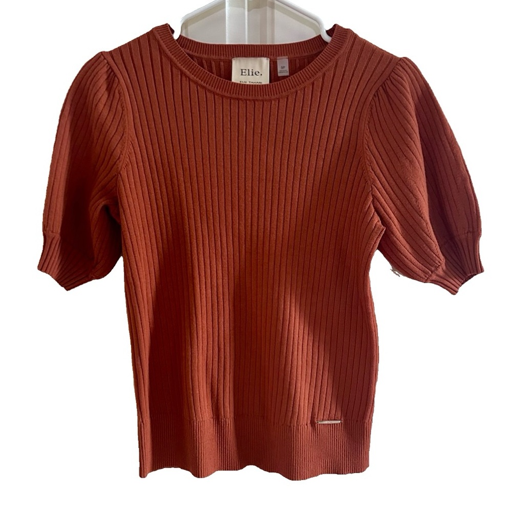 Elie Tahari Ribbed Knit Short Puff Sleeve Top Rust color Women’s small EUC